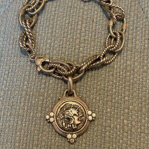Judith Ripka Sterling Silver Roman Coin Replica Chain Link CZ Bracelet